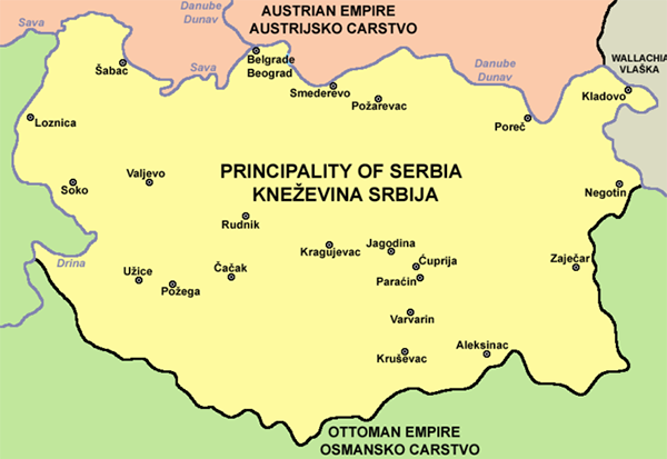 Kneževina Srbija 1833. godine. Obratite pažnju na Kragujevac: kako god se teritorija Srbije menjala tokom vremena, taj grad je uporno ostajao u strogom centru.